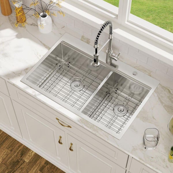 Logmey 33 in. Drop-In Workstation Sink Double Bowl 60/40 16-Gauge