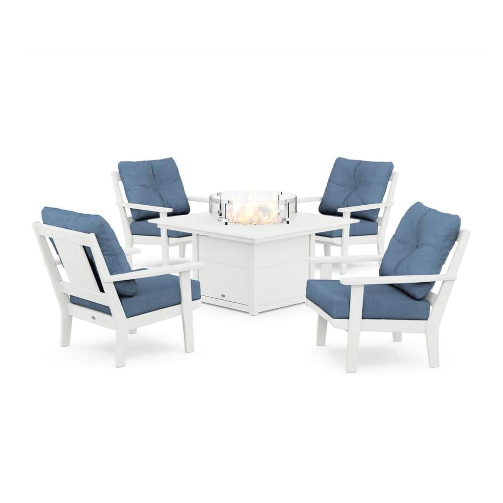 Prairie 5-Pieces Plastic Patio Fire Pit Deep Seating Set in White with Sky Blue Cushions price history on PriceWatchPro