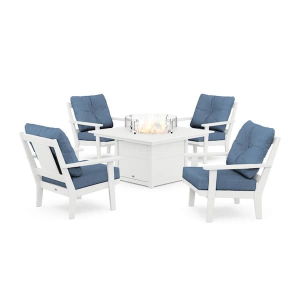 POLYWOOD Prairie 5-Pieces Plastic Patio Fire Pit Deep Seating Set in White with Sky Blue Cushions