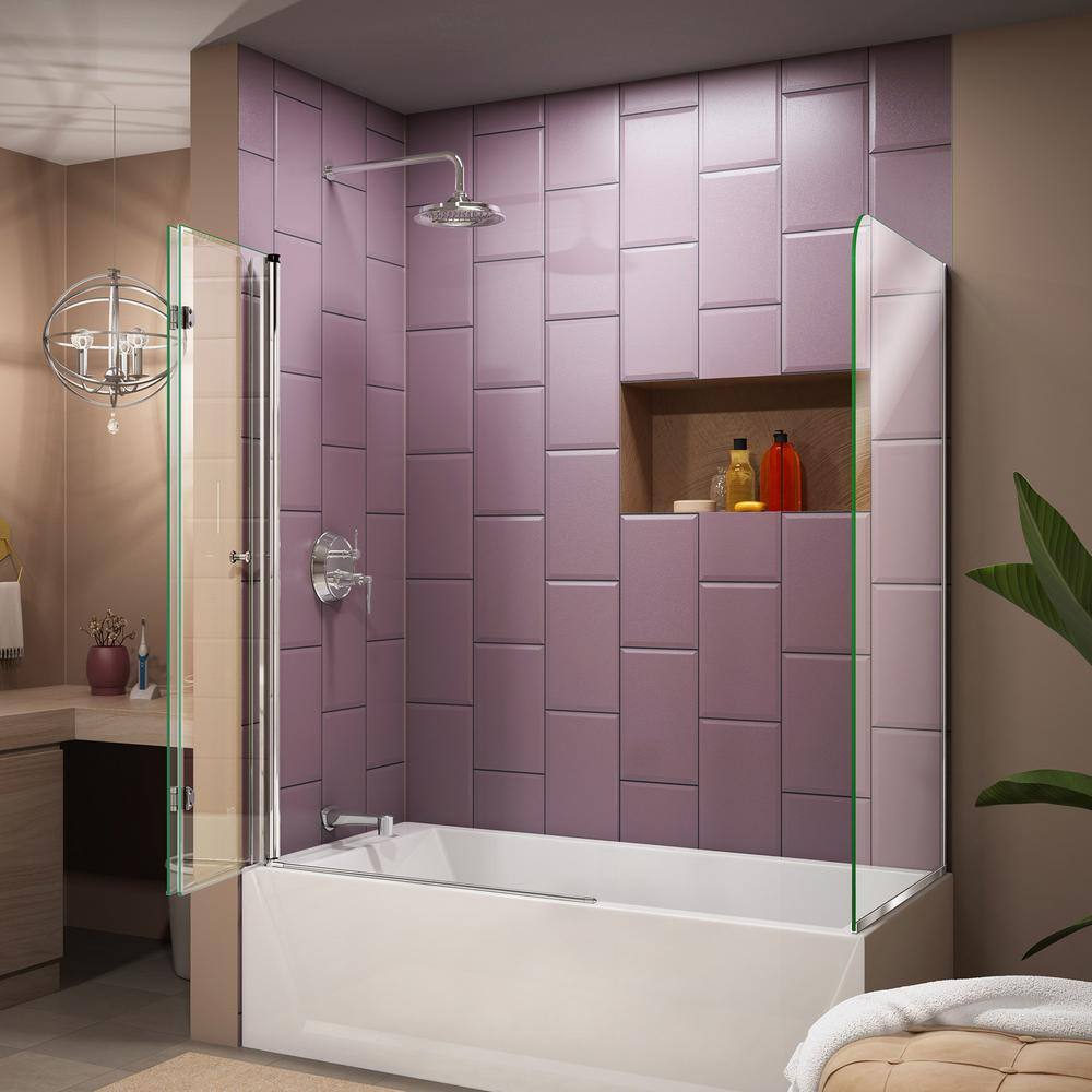 Aqua Fold Frameless Clear Glass Chrome Hinged Tub Door