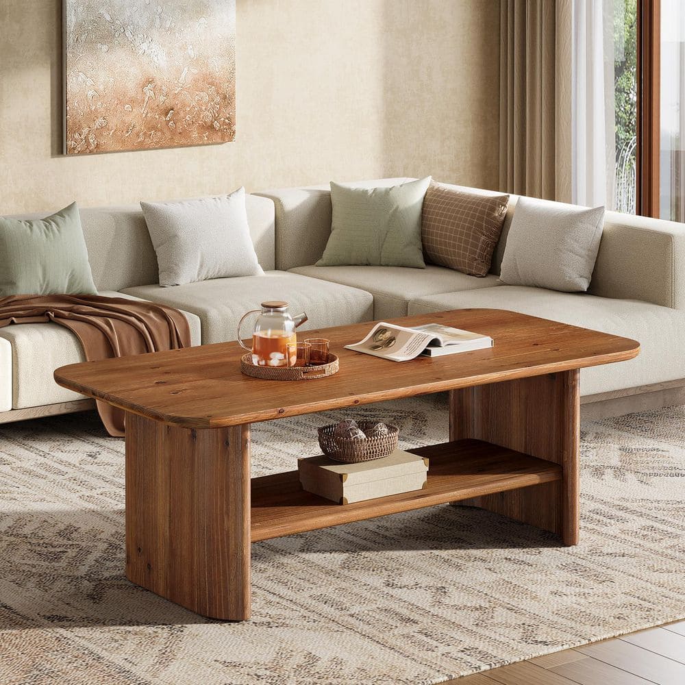 Calvin 47 in. Brown Rectangle Solid Wood Coffee Table Center Farmhouse Cocktail Tea Desk Mid-Century Bedroom 2-Shleves