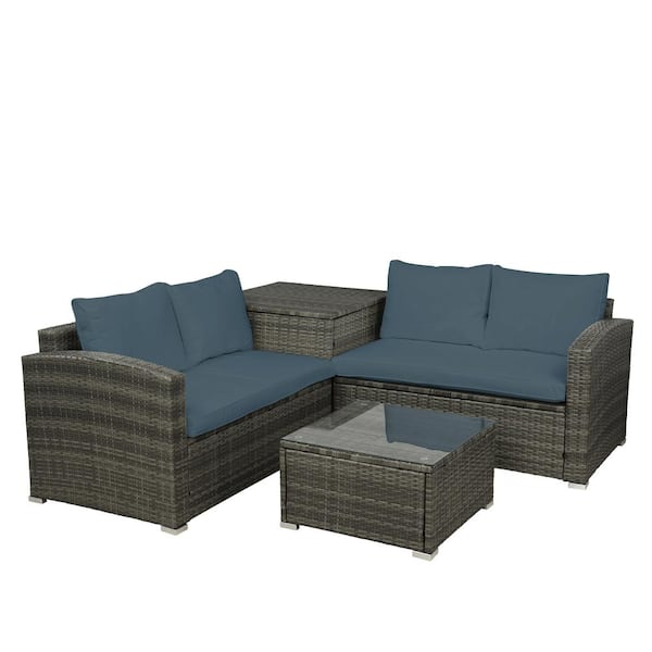 cenadinz 4-Piece Wicker Patio Conversation Sectional Seating Set with Gray Cushions