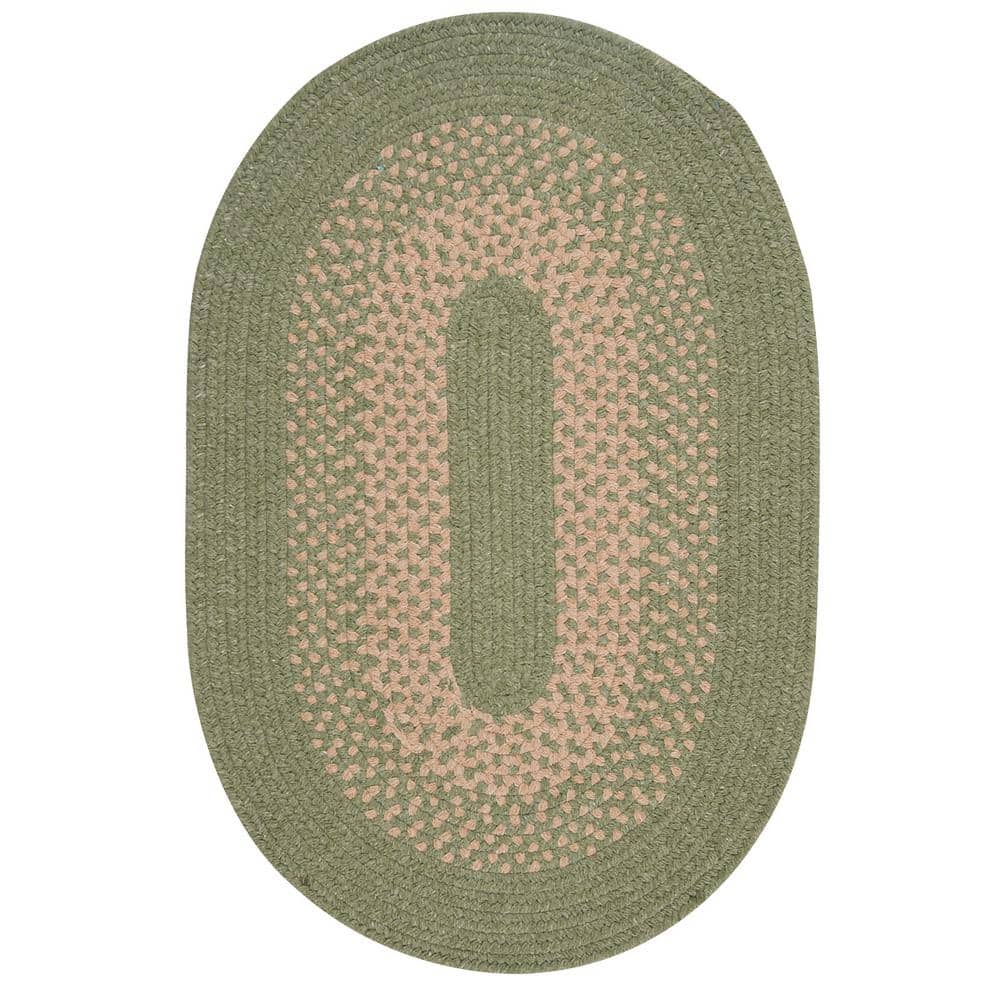 Green and Beige Oval Braided Wool Blend Runner Rug