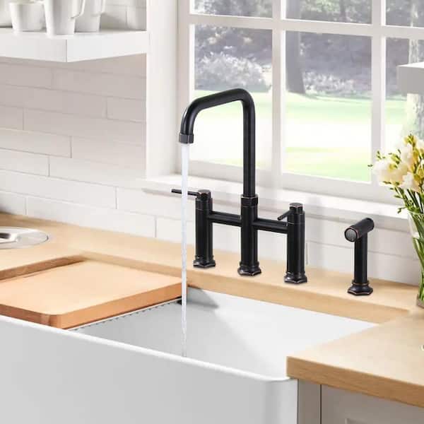 8 in. Double Handle Bridge Kitchen Faucet with Pull-Out Sprayer in Oil Rubbed Bronze