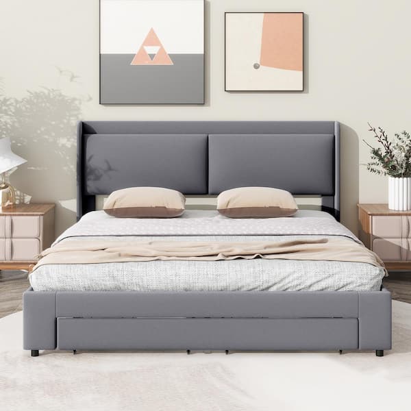 Gray Queen Size Upholstered Platform Bed with A Hydraulic Storage System