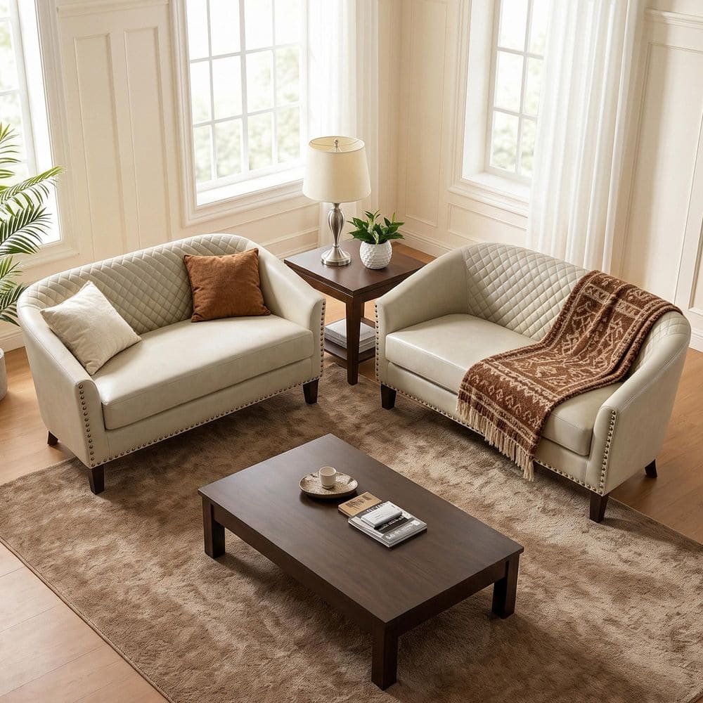 49.7 in Faux Leather 2-Seat Upholstered Nailed Trim Loveseat in Beige(Set of 2)