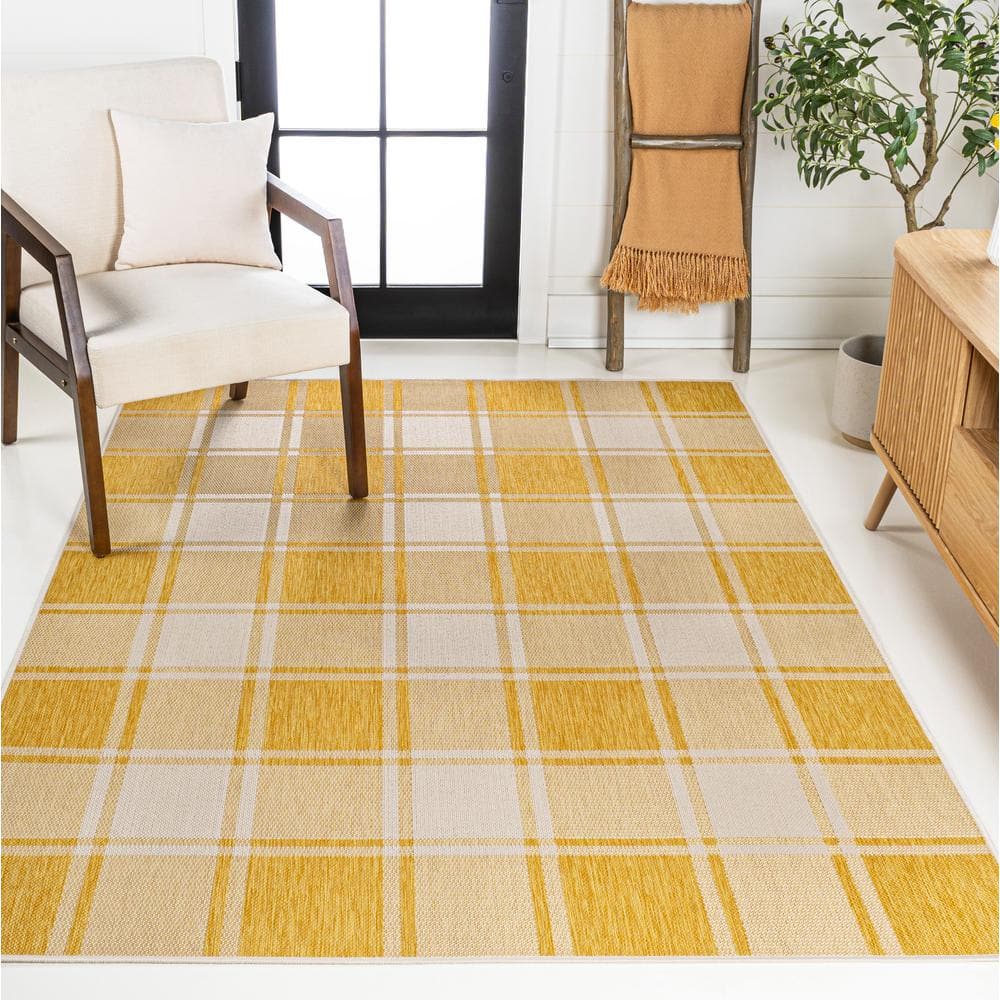 Sabine Bold Gingham Yellow and Cream 3 x 5 Synthetic Indoor/Outdoor Rug