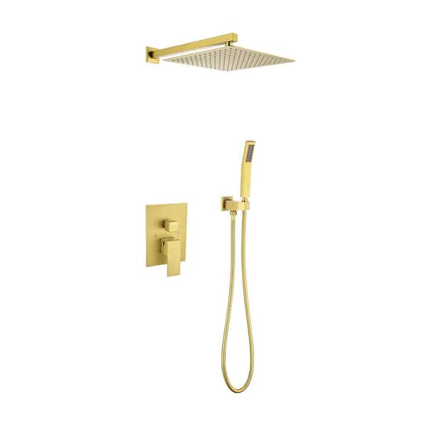 YONKI SUNSHIN INC 10 in. Single Handle 2-Spray Shower Faucet 2.0 GPM with Pressure Balance and Hand Shower in Brushed Gold Shower System