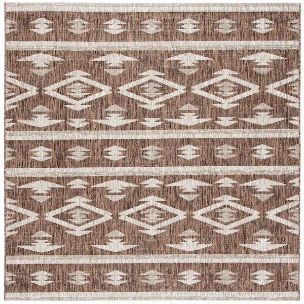 SAFAVIEH Courtyard Brown/Ivory 7 ft. x 7 ft. Square Geometric Indoor/Outdoor Patio  Area Rug