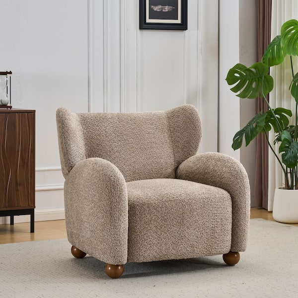Pope Modern Light Brown Upholstery Boucle Fabric Wingback Accent Arm Chair with Round Legs