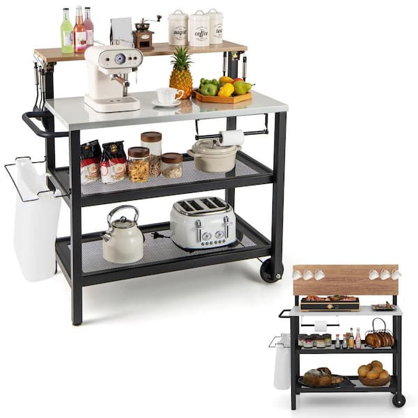 Black Rolling Bar Cart Kitchen Cart with Flip-up Table and Hooks for Kitchen