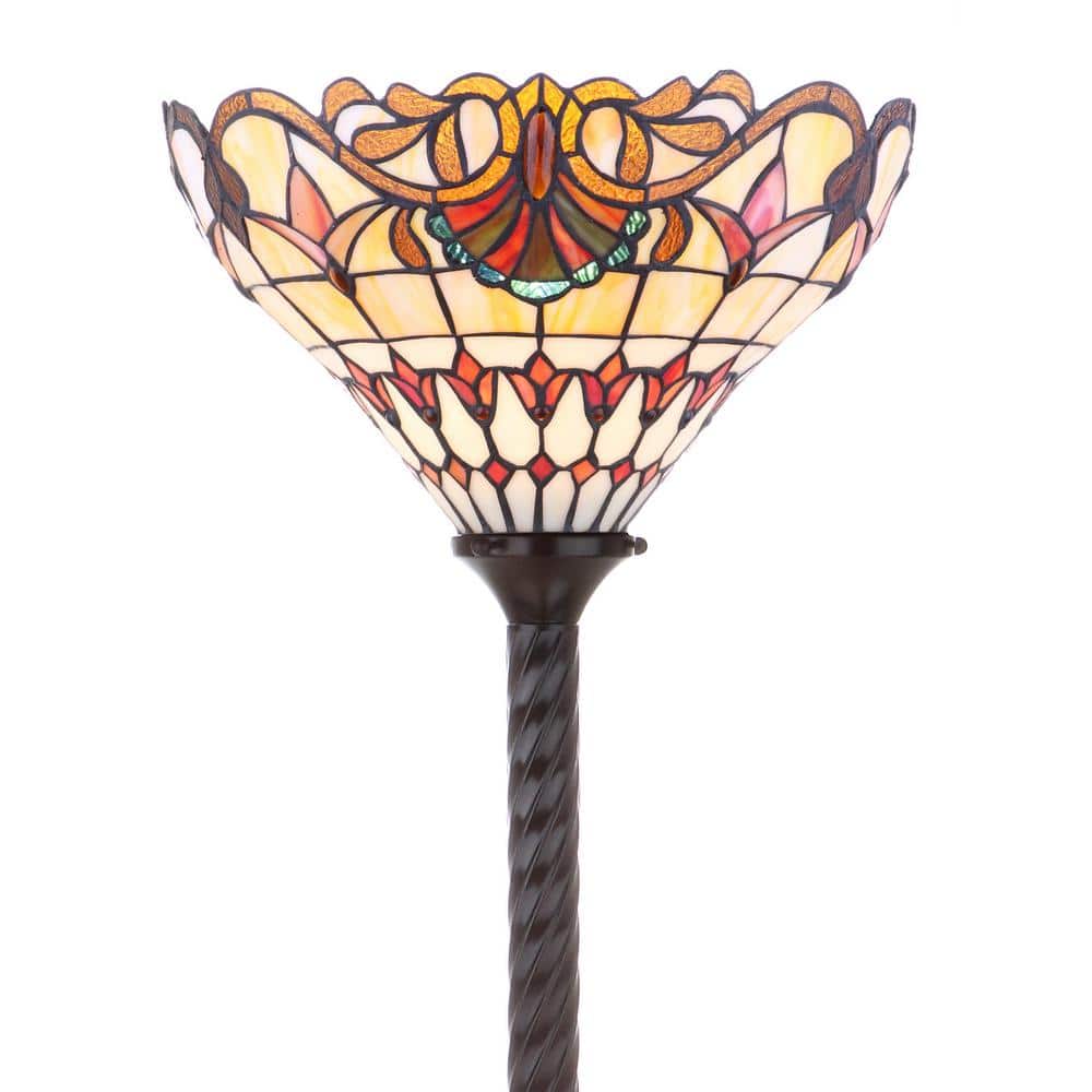 Davis Tiffany-Style 70" Bronze Torchiere with Multicolor Stained Glass