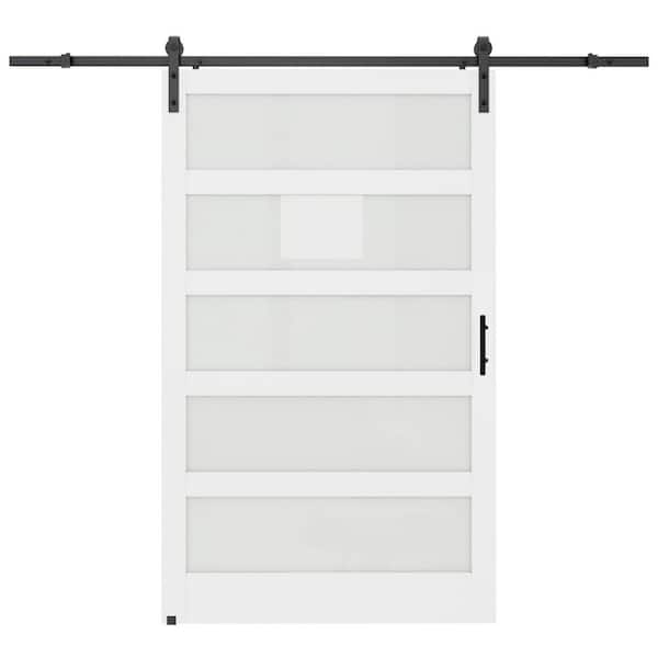 ARK DESIGN 48 in. x 84 in. 5 Lite Tempered Frosted Glass White Primed MDF Wodd Sliding Barn Door with Hardware Kit