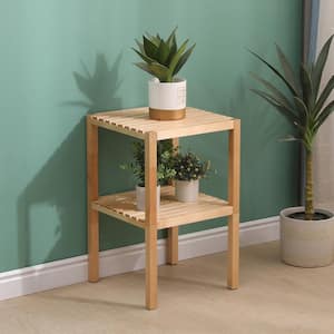 2-Tier Natural Square Wooden Freestanding Corner Storage Shelf, Holding 176 lbs. (14.6 in. x 14.6 in. x 19.3 in. )