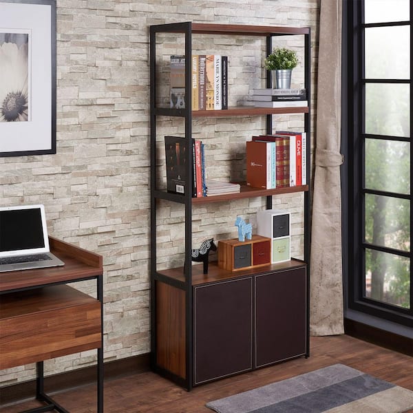 Tileon 4-Tier Storage Shelves, Kitchen Pantry, Bookshelf with 2-Doors, Walnut