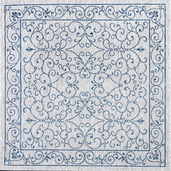 Charleston Vintage Filigree Textured Weave Gray/Navy 5 ft. Square Indoor/Outdoor Area Rug