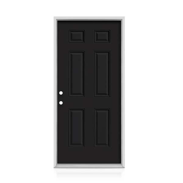 36 in. x 80 in. 6-Panel Right-Hand/Inswing Black Exterior Steel Prehung Front Door No Brickmold