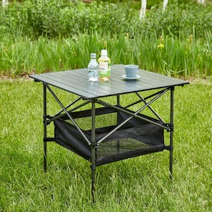 27 in. Black Square Aluminum Picnic Table Seats 2 People with Carrying Bag