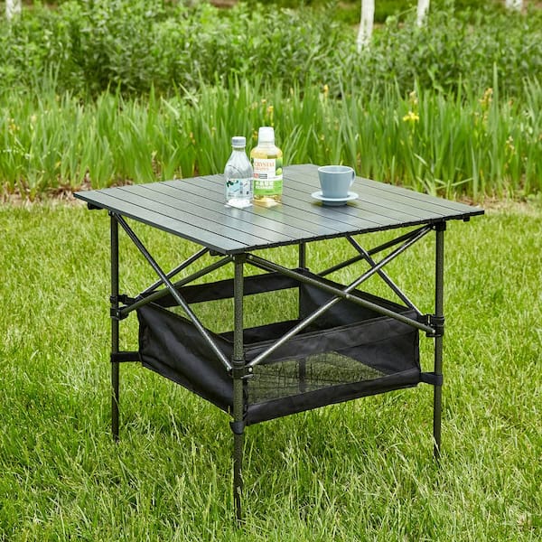 Angel Sar 27 in. Black Square Aluminum Picnic Table Seats 2 People with Carrying Bag
