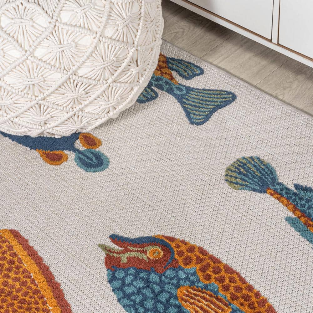Navy and Orange Coastal Fish Pattern Synthetic 8' x 10' Area Rug