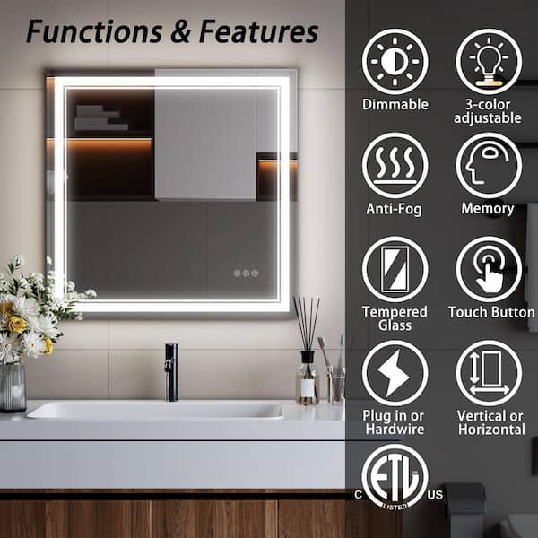 30 in. W x 30 in. H Modern Square Frameless LED Lighted Anti-Fog Wall Bathroom Vanity Mirror in Tempered Glass