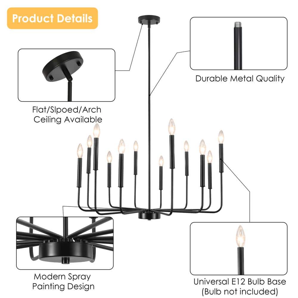 Matte Black 12-Light Candle Style Chandelier
