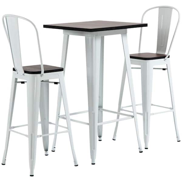 HOMCOM 3-Piece White Bar Table Set with Footrests and Metal Frame