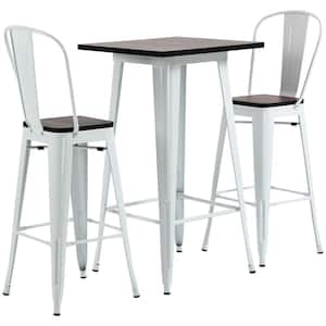 3-Piece White Bar Table Set with Footrests and Metal Frame