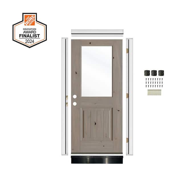 DIY RTA Kit 32in.x80in. Right-Handed Half Clear Glass Window Grey Stain Knotty Alder Wood Ready To Assemble Front Door