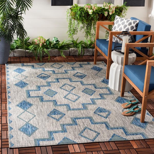 Courtyard Gray/Aqua 2 ft. x 4 ft. Aztec Tribal Indoor/Outdoor Area Rug