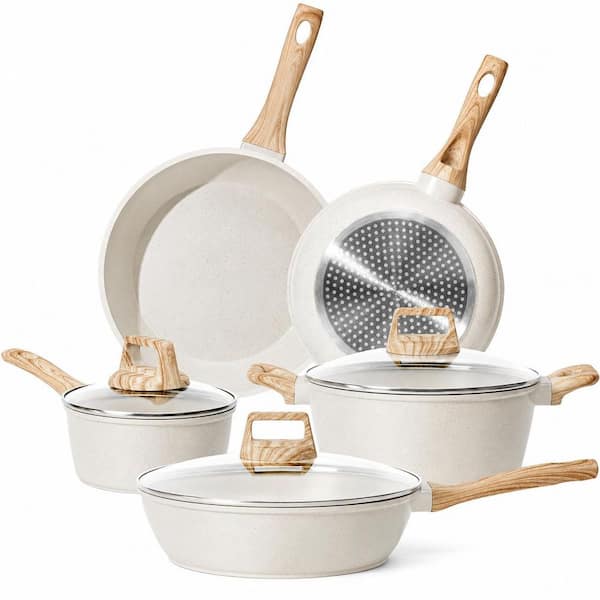 12 Pieces White Granite Nonstick Die-Cast Aluminum Cookware Set Induction Compatible with Stay-Cool Handles and Lids