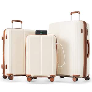 Lightweight Ivory and Brown 3-Piece 20, 24, 28 in. Expandable PP Spinner Luggage Set with TSA Lock, 20-in. with USB Port