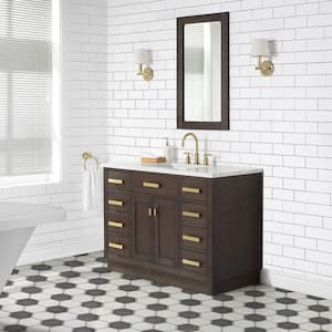 Chestnut 48 in. W x 21.5 in. D Vanity in Brown Oak with Marble Vanity Top in White with White Basin and Mirror