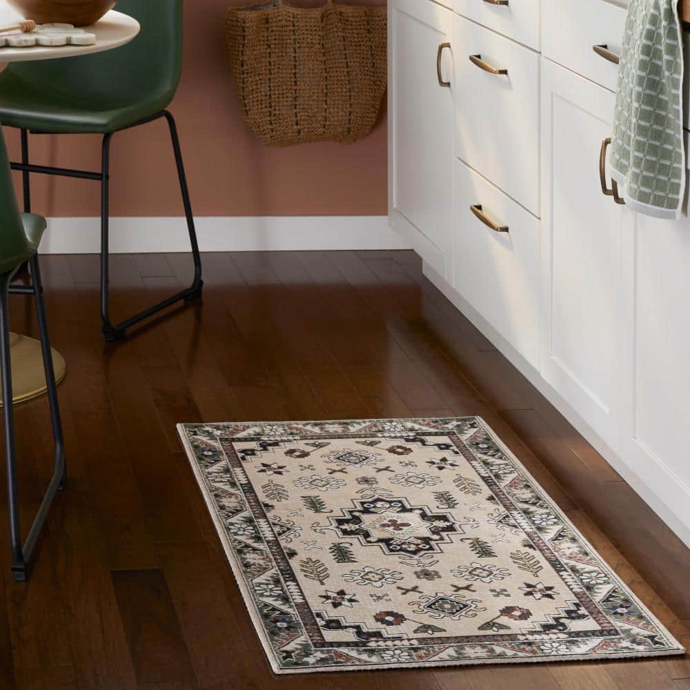 Ivory and Black Rectangular Washable Cotton Kitchen Mat
