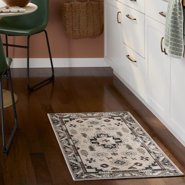 Luxe Livie Forever Vintage Ivory Black 24 in. x 40 in. Machine Washable Kitchen Mat