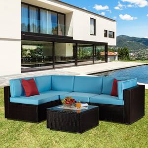 5-Piece Wicker Patio Furniture Set Outdoor All Weather Rattan Conversation Set Sofa Set with Table, Blue Cushion
