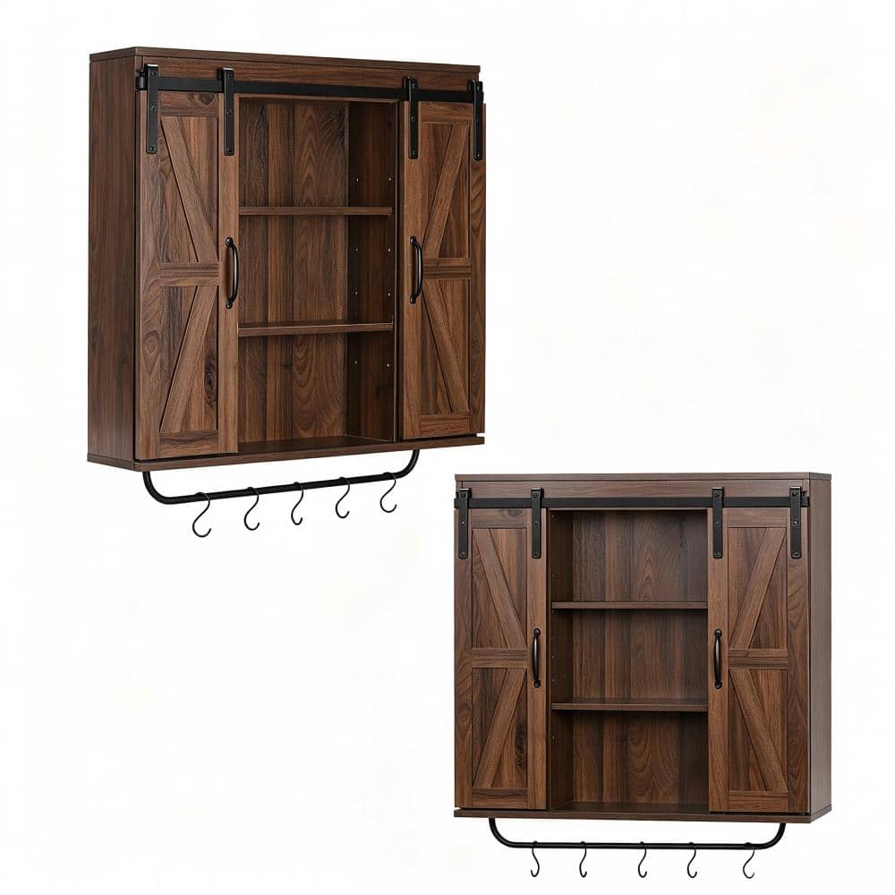 30.7 in. W x 27.6 in. H Walnut Wall Mounted Medicine Cabinet without Mirror with Sliding Barn Doors and 3 Tiers price history on PriceWatchPro