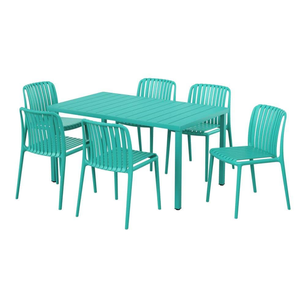 Frond&Form Modern Outdoor Patio 7-Piece Rectangular Iron Dining Set w/ Plastic Stackable Chairs, Turquoise price history on PriceWatchPro