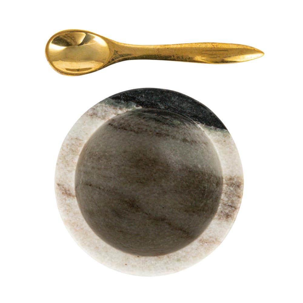 Black and White Marble Salt Cellar with Brass Spoon Set