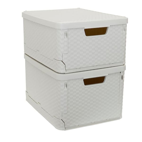 HOUSEHOLD ESSENTIALS 9.45 Gal. Stacking Plastic Rattan Storage Box Set in Cream