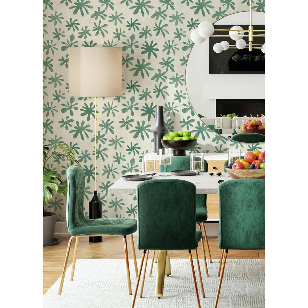 Green and Off-White Vinyl Floral Peel and Stick Wallpaper