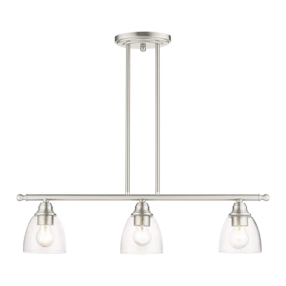 Elegant Brushed Nickel 3-Light Linear Chandelier with Hand-Blown Glass Shades