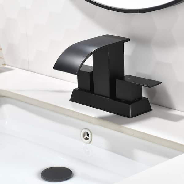 4 in. Centerset Double Handle Bathroom Faucet with Drain Kit Included, Wide Waterfall Spout Faucet in Matte Black