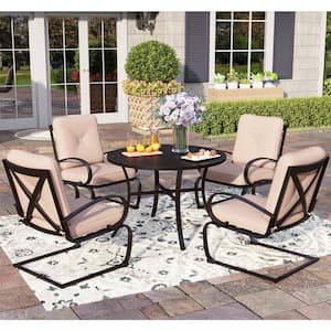 5-Piece Metal Round Outdoor Dining Set with C-Spring Chair with Beige Cushions