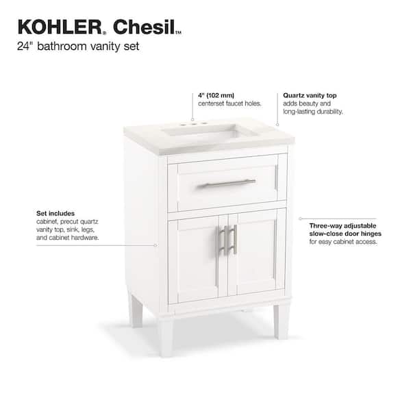 KOHLER Chesil 24in. Single Sink Freestanding White Bath Vanity with Bianco Bella Quartz Top Assembled