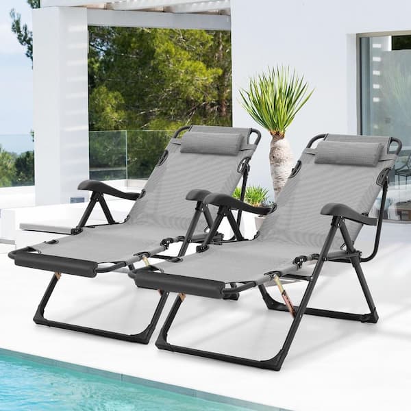 Set of 2 Patio Adjustable Lounge Foldable Lawn Chair with Headrest  Foot Pad Metal Outdoor Recliner with Gary Cushions