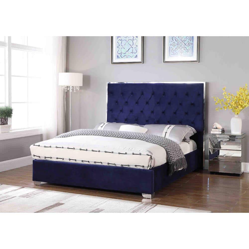 Kressa Blue Velvet Tufted King Bed with Upholstered Headboard