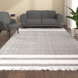 Asher Light Gray 9 ft. x 12 ft. Striped PET Polyester Indoor/Outdoor Area Rug