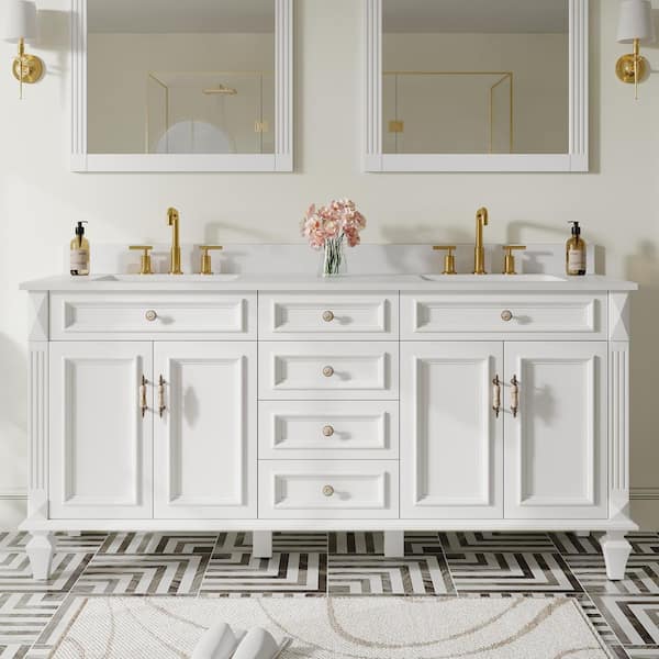 72 in. W x 22 in. D x 35 in. H Solid Wood Bath Vanity in White w/Stain-resistant Quartz Top and Certified Double Sink
