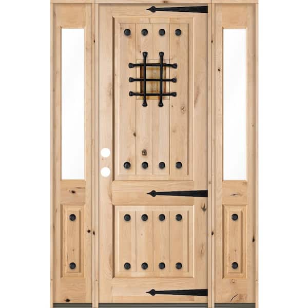 Krosswood Doors 76 in. x 96 in. Mediterranean Alder Square Clear Low-E Unfinished Wood Right-Hand Prehung Front Door/Half Sidelites